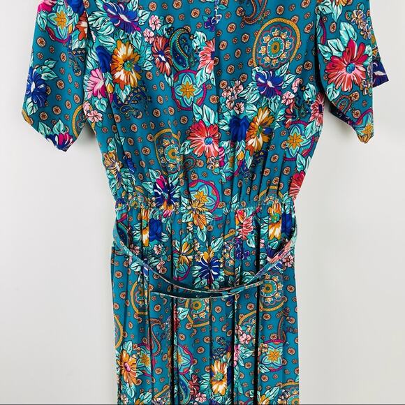 Vintage green purple floral 80s pleated belted button boho office midi dress 12 - Picture 3 of 9